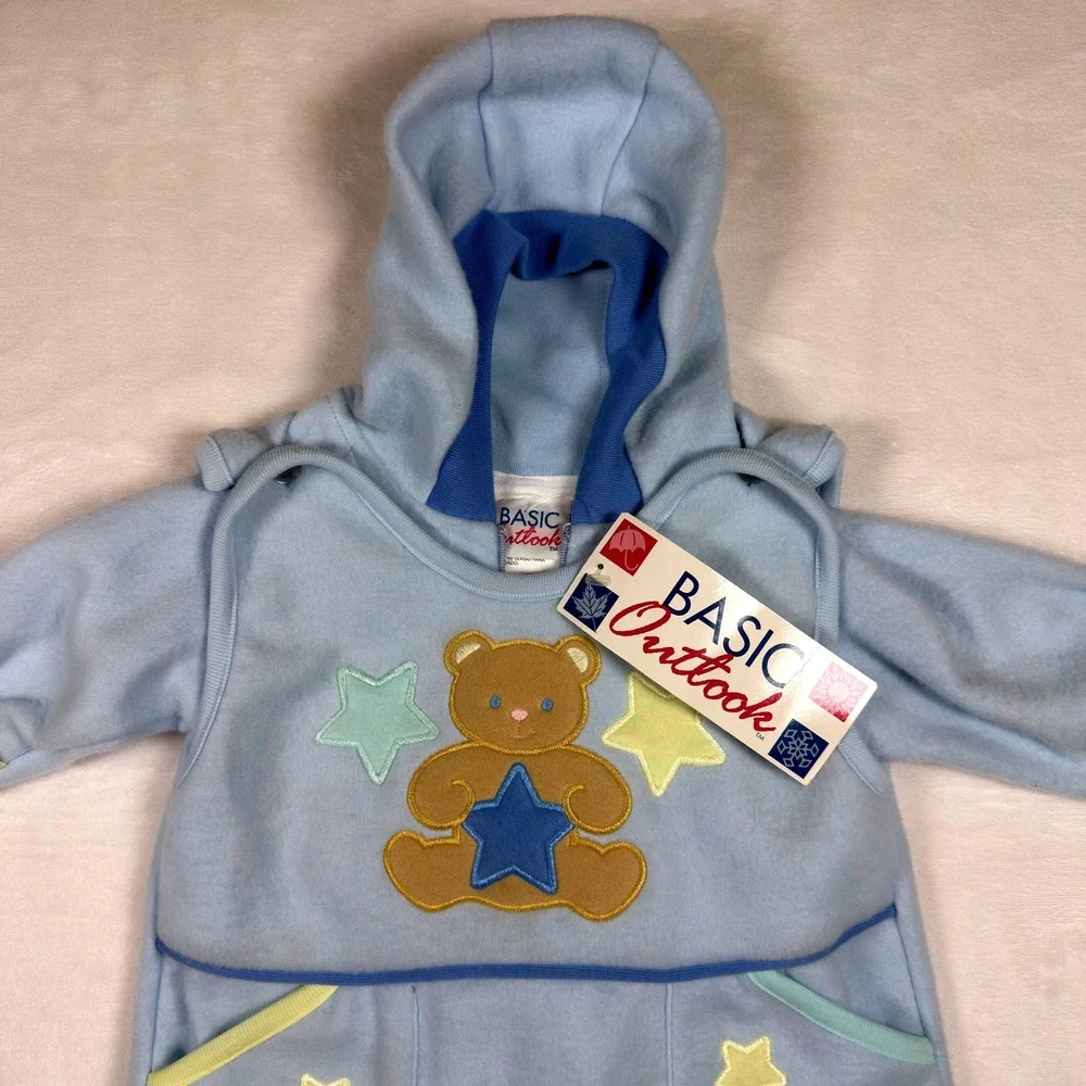 Vintage Basic Outlook Baby Fleece Bunting Sleeper Blue Teddy Bear 0-3 Months NWT